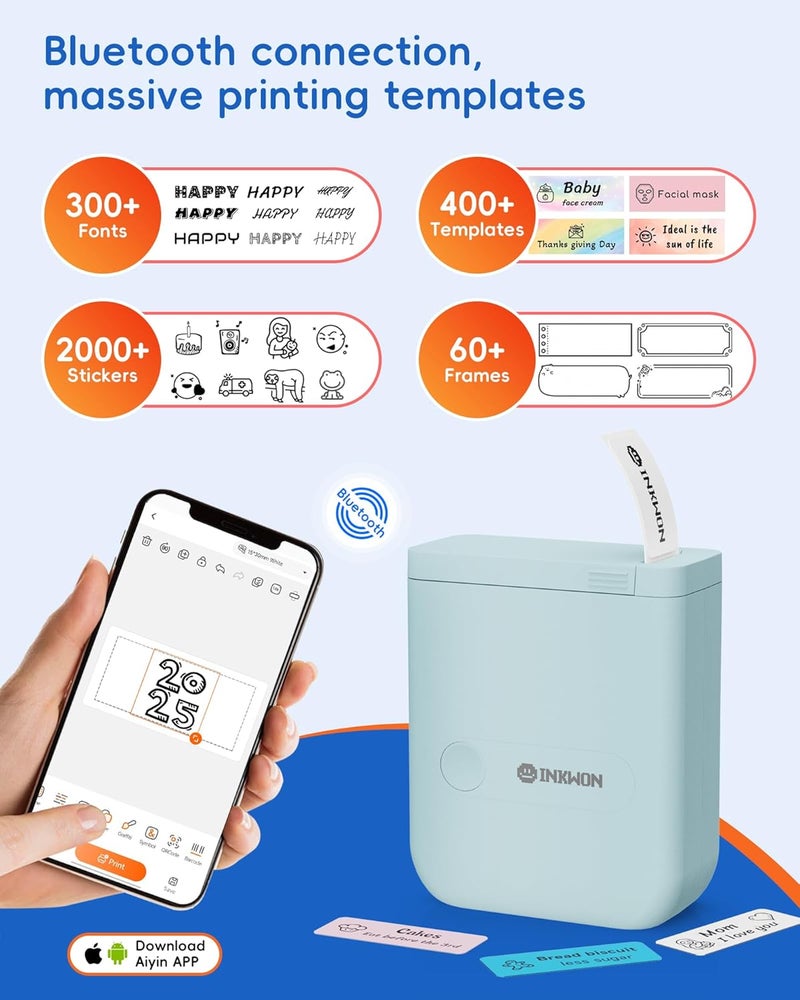 InkWon D110 Label Maker Machine with Tape, Bluetooth Mini Label Maker with Various Templates, Wireless Portable Small Label Printer for Home, Office, School, Blue - Image 2
